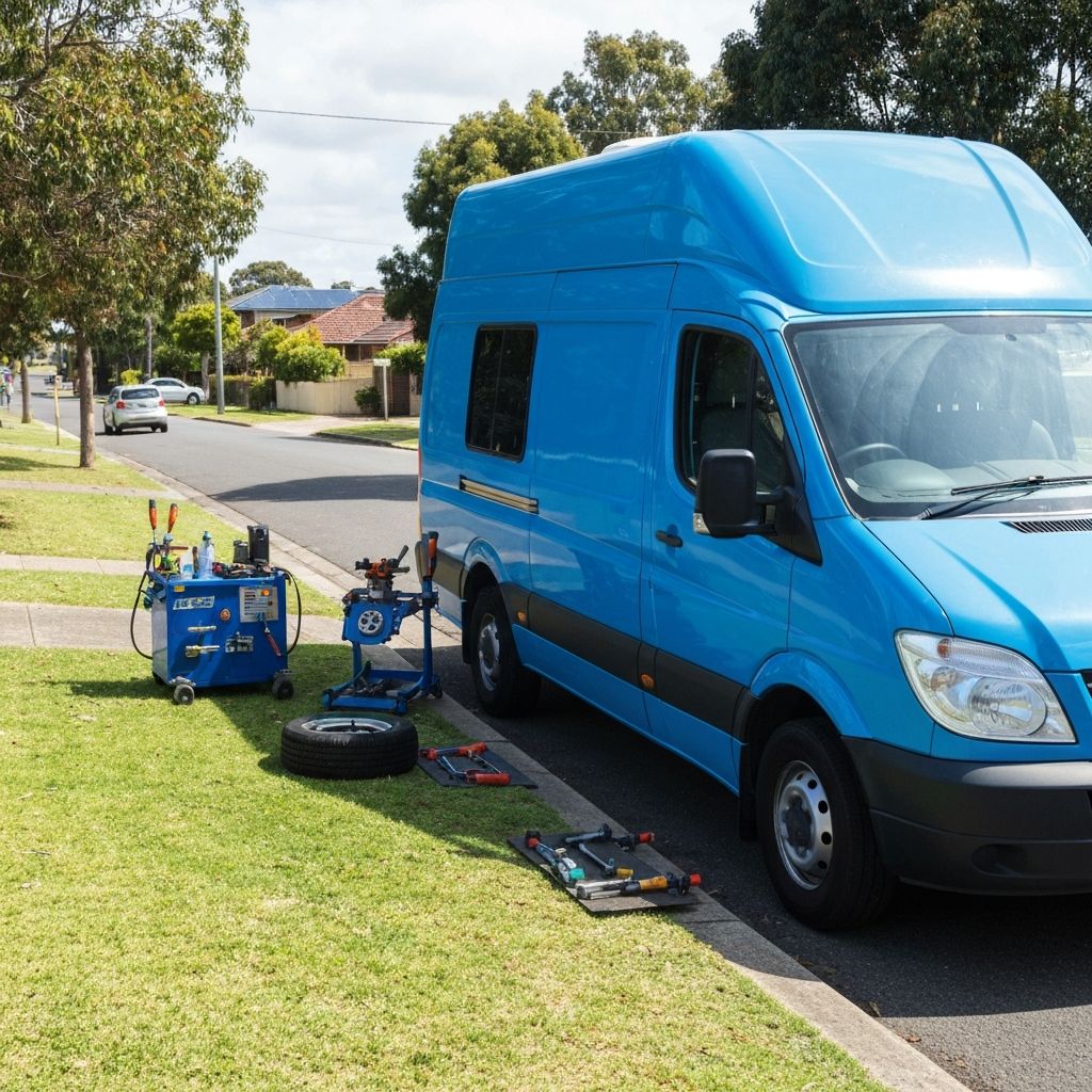Mobile tyre fitting van parked on a suburban Australian street with equipment