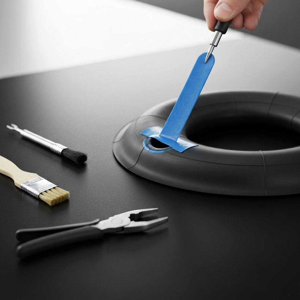 Close-up of a flat tyre puncture repair patch being applied