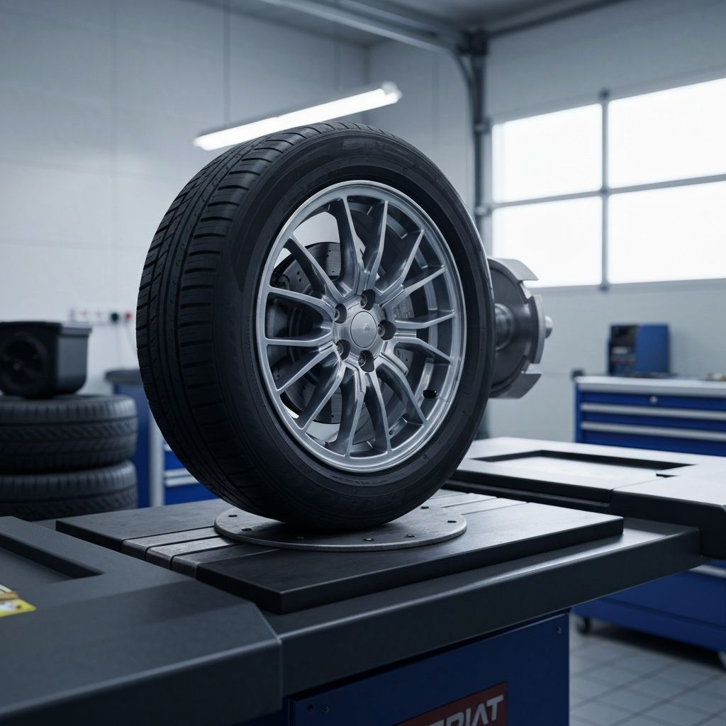 Car wheel and tyre mounted on a wheel balancing machine in a garage